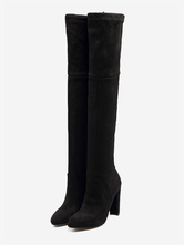 Botas altas mujer negro con pala de ante de tacón gordo de puntera puntiaguada 10.5cm Color liso Invierno con cinta para pasar por la noche