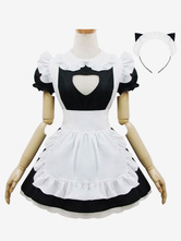 Maid Lolita Outfits Schwarzer Puffärmel Peter Pan Kragen Zweitoniges OP Einteiliges Kleid mit Rüschenschürze und Kopfbedeckungen