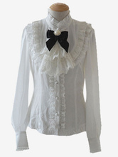 Сладкая Лолита блузка белый воротник стойка Длинные рукава шифон Лолита рубашки