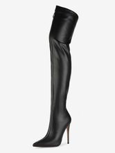 Over The Knee Boots Black Pointed Toe Zip Up High Heel Thigh High Boots For Women