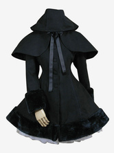 Gothic Lolita Outfits Wool Black Ribbons Hooded Cape With Winter Coat