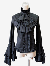 Blusa de lolita de 100% algodón con escote Ilusión con manga larga de dos tonos con volante fruncido gótica