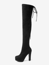 Platform Thigh High Boots Womens Elastic Fabric Lace Up Almond Toe Chunky Heel Over The Knee Boots