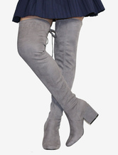 Overknees Stiefel mit Blockabsatz Elastan Stoff und Schnüren Damen Winter Schuhe