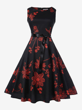 Black Vintage Dress 1950s Audrey Hepburn Style Printed Sleeveless Sash Slim Fit Summer Swing Dress