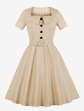 Robes de Vintages 1950s Femmes Courtes à Col Carré avec Manches Courtes Coupe Cintrée avec Ceinture Bas Evasée Unicolore Blanche Robes de Rétros