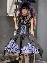   ゴシック ロリータ ドレス グロメット レースアップ チェック柄 ブラック レッド