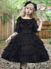   ゴシック ロリータ ドレス フリル ティアード レース ブラック ブラック