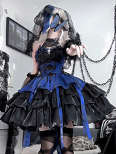   ゴシックロリータドレス ノースリーブ フリル レイヤード パフィードレス ブルー ブラック バタフライ コスプレ衣装