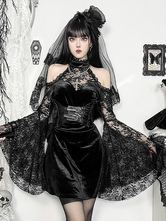 ハロウィン 女性用ゴシック服 ブラックレースフリルゴシックポリエステルチュニックレトロコスチューム
