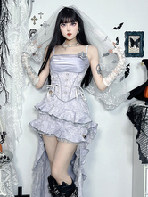 ハロウィン レディース ゴシック ドレス シルバー ストラップレス レースアップ ゴシック ポリエステル セット ドレス