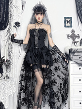 ハロウィン 女性用ゴシック服 ブラック プリーツ リボン フリル ゴシック ポリエステル チュニック レトロ コスチューム