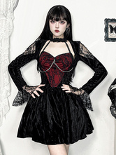 ハロウィン 女性用ゴシック服 ブラック フリル チェーン レース ゴシック ベロア チュニック レトロ コスチューム