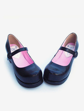 Lolitashow Matte Black Lolita Square Heels Shoes Ankle Strap Buckle Round Toe