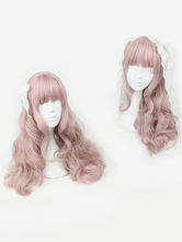 Parrucche Lolita dolce luce rosa Lolita ricci lunghi capelli parrucche con la frangetta