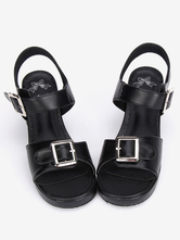 Black/White Lolita Sandals Chunky Pony Heels Square Buckles Ankle Strap