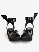 Glossy Black Lolita Sandals Platform Angle's Wing Design Ankle Strap