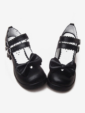 Lolitashow Black Chunky Heels Shoes Straps Bow Buckles Hollow Heart