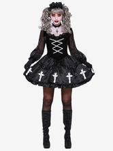 Costumi da ragazza gotica di Halloween per le donne Vestito gotico sexy nero Copricapo Costumi da festa bicolore in poliestere Set completo