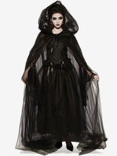 Disfraces de muerte de Halloween Vestido de encaje de poliéster con capa aterradora negra Disfraces de vacaciones