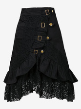 Black Gothic Costume Metallic Buttons Ruffle Cotton Women Retro Skirt Halloween