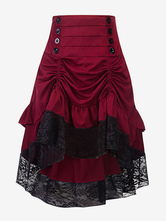 Women Gothic Costume Buttons Ruffle Lace Burgundy Retro Skirt Halloween