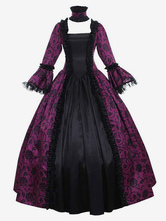 Victorian Dress Costume Women's Purple Long Sleeves Square Neckline Flower Print Ball Gown with Choker Victorian era Style Vintage Clothing Halloween