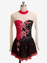 スケートドレス赤い花のビーズのフリルライクラスパンデックスダンス衣装ハロウィン