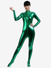 Disfraz Carnaval Cremallera verde oscurezca brillante metálico Zentai traje para las mujeres Halloween
