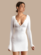 女性のセータードレスホワイトVネックカジュアルボディコンドレス長袖ニットペンシルドレス