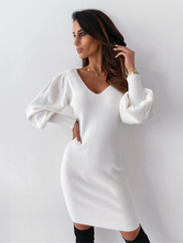 Women Bodycon Dress White V-Neck Casual Long Sleeves Pencil Wrap Dresses