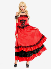 Flamenco Girls Red Dancer Outfit Adults Spanish Ballroom Dress Off Shoulder Paso Doble Costumes Carnival