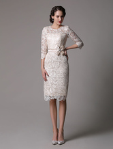 Wedding Guest Dresses Lace Sheath Champagne Cocktail Dress Knee Length Half Sleeves Mother Dress With Satin Belt Free Customization