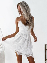 Vestido de renda branca 2024 vestido de verão Boho vestido com decote em V de volta com laço com decote em v