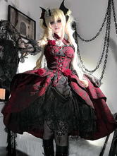   ゴシックロリータドレス レースフラワージャカード バーガンディ ブラック レッド JSK