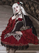   ゴシック ロリータ ドレス レース ローズ フローラル プリント バーガンディ ブラック レッド ロリータ ドレス