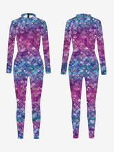 パターニング全身タイツ ハロウィン 女性用セクシーキャットスーツ 魚鱗プリント ライクラ スパンデックス コスチューム