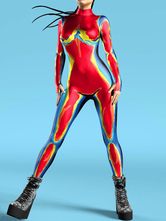 パターニング全身タイツ ハロウィン レディース レッドボディ サーマルイメージングプリント コスプレジャンプスーツ ハロウィン パフォーマンスコスチューム ボディスーツ ボディコン ラージ