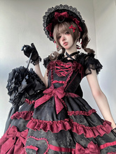   ゴシックロリータドレス 赤黒 半袖 リボンとフリル付き かわいいファッション