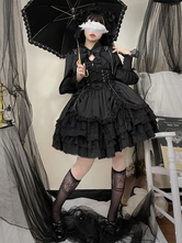   ゴシックロリータドレス ブラック ノースリーブ JSK リボンとフリル付き かわいいファッション