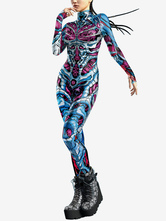パターニング全身タイツ ハロウィン 女性用ジャンプスーツ カラーエレメント ブルー マッスル ハロウィン ボディスーツ 大人用 ハイウエスト コスプレ衣装 セクシースーツ