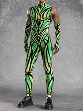 パターニング全身タイツ ハロウィン メンズ セクシー グリーン プリント ジャンプスーツ ボディスーツ ダンサー シンガー ステージウェア コスチューム