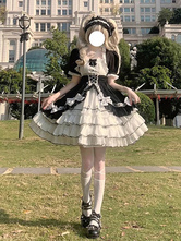 新学期のロリータJSKドレスとスモックのツーピーススーツ、マルチレイヤーフリルボウノットスイートプリンセスロリータJSKドレス