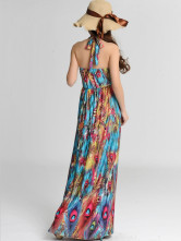 Blue Floral Print Halter Poplin V-neck Women's Maxi Dress - Milanoo.com