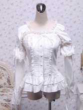 Lolitashow Weiße Baumwolle Lolita Bluse Long Sleeves Square Hals Lace Trim geschichteten Rüschen Spitze Bogen
