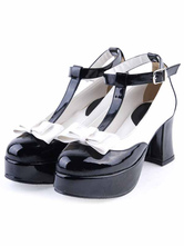 Black Leather T-strap Bow Lolita Shoes