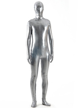 metallic silver morphsuit with net eye visor