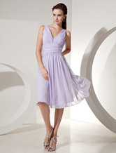 Lilac Bridesmaid Dress V Neck Ruched Chiffon A Line Knee Length Short Prom Dress