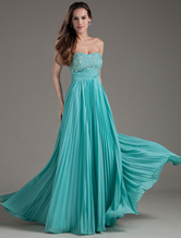 Chiffon Evening Dress Strapless Sequin Empire Waist Formal Dress Pleated Floor Length Turquoise Long Prom Dress 