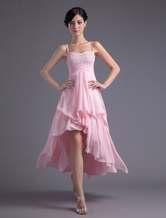 A-line Pink Chiffon Beading Straps Asymmetrical Women's Prom Dress